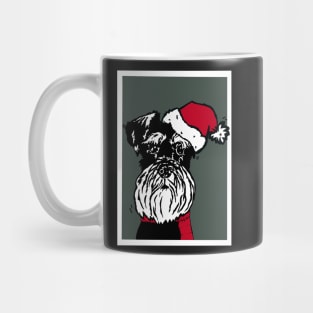 Miniature Schnauzer in Christmas Santa Hat and Red Woolly Scarf Linoprint Mug